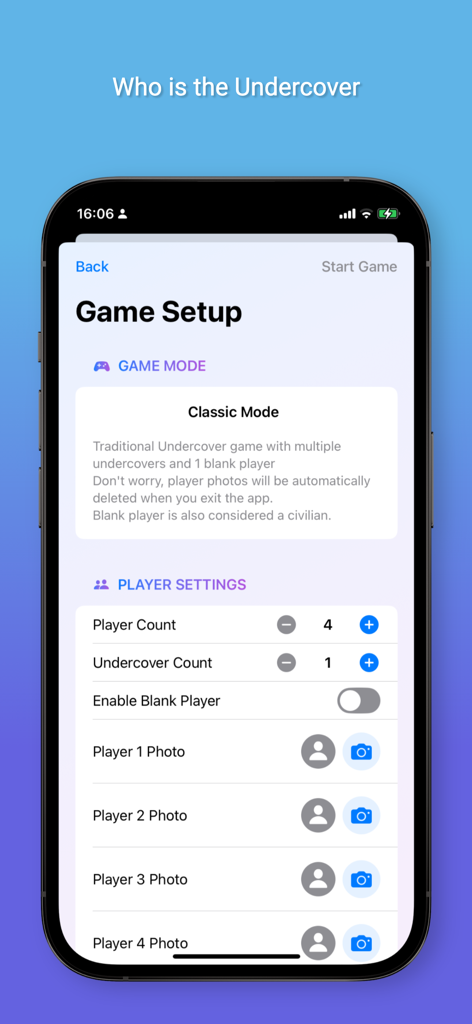 Who is Undercover--Party Game - Game setup screen of the Who is Undercover app showing player settings and photo options