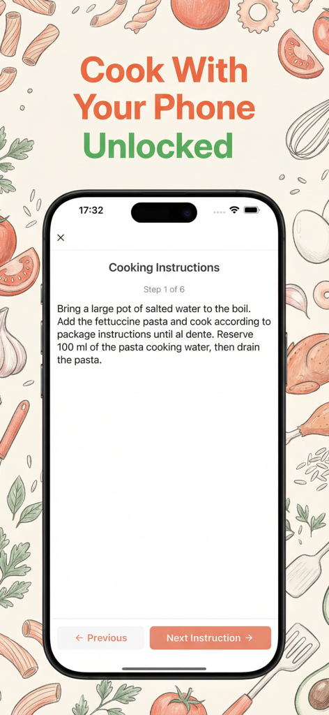La aplicación FoodiePrep que muestra instrucciones de cocina paso a paso en un teléfono móvil