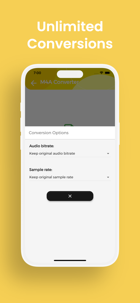 M4A Converter, M4A to MP3 - Eine mobile Benutzeroberfläche für die M4A Konverter App, die Audio-Bitrate- und Sample-Rate-Einstellungen für die Dateikonvertierung anzeigt.