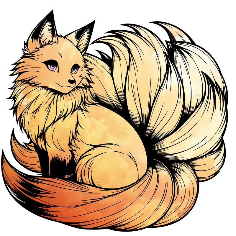 realistic detailed 9 tailed anime fox