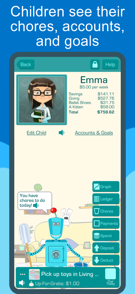 Chores & Allowance Bot - Child dashboard showing savings goals and chore reminders