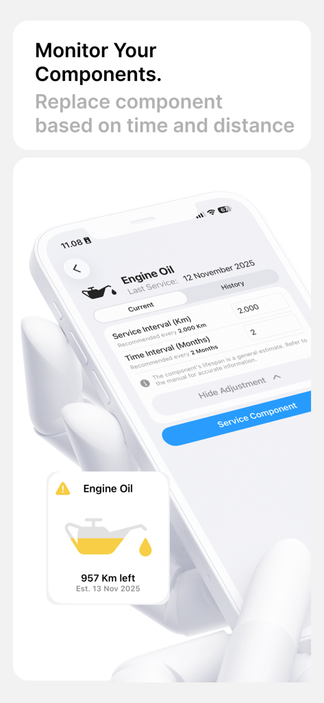 Interface de l'application RideCheck pour le suivi de la santé de l'huile moteur avec des intervalles d'entretien personnalisés basés sur la distance et le temps.