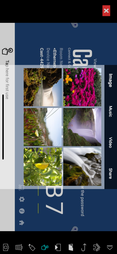 vCastSender app screen for selecting images to share wirelessly during a presentation