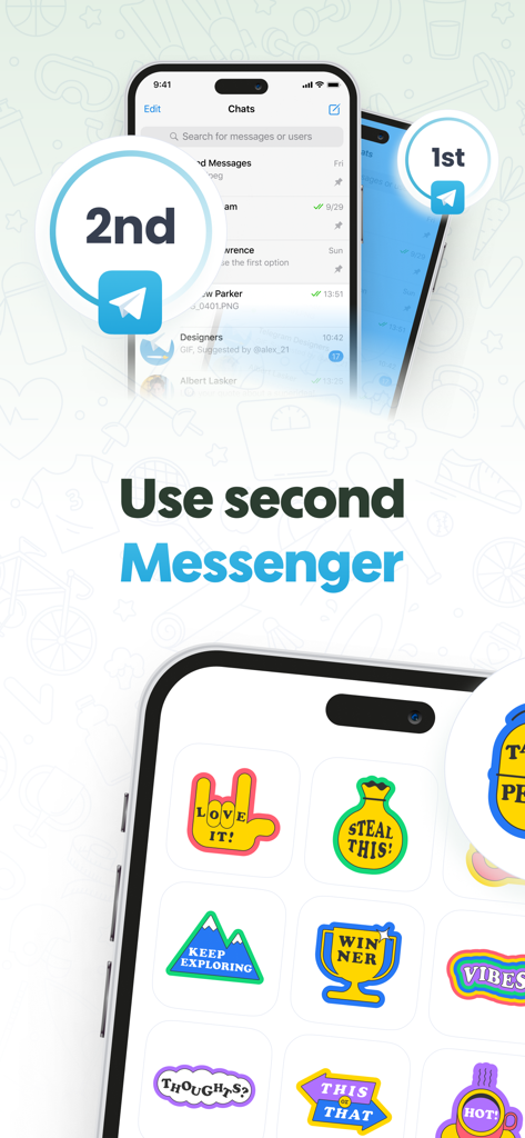 Interface of the Dual Messenger app showing a second account feature and a variety of colorful stickers