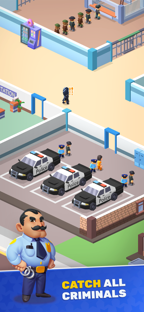 Vista isométrica de una estación de policía con tres coches patrulla y un personaje del jefe de policía