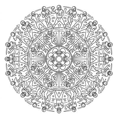 Experience the dynamic energy of American football combined with the serene symmetry of a mandala in this unique coloring design. Perfect for sports fans and art enthusiasts alike, it offers hours of creative relaxation.