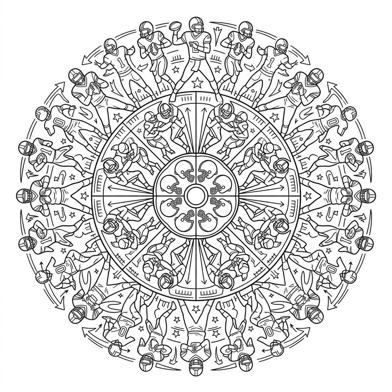 Experience the dynamic energy of American football combined with the serene symmetry of a mandala in this unique coloring design. Perfect for sports fans and art enthusiasts alike, it offers hours of creative relaxation.