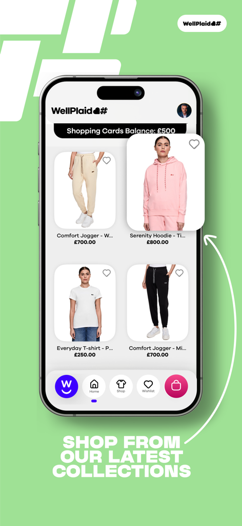 Winnrz - Interface of the Winnrz app showing fashion collections and shopping card balance