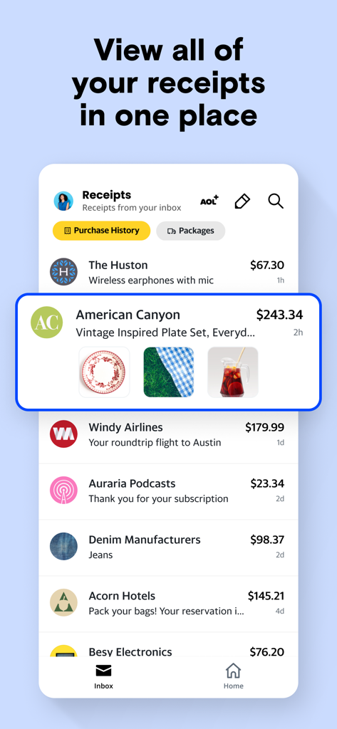 AOL app screen displaying organized digital receipts and purchase history from the inbox.