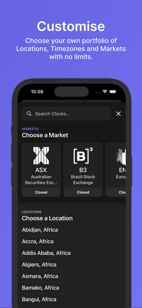 Market Clocks - Screen showing customization options for global stock markets and locations