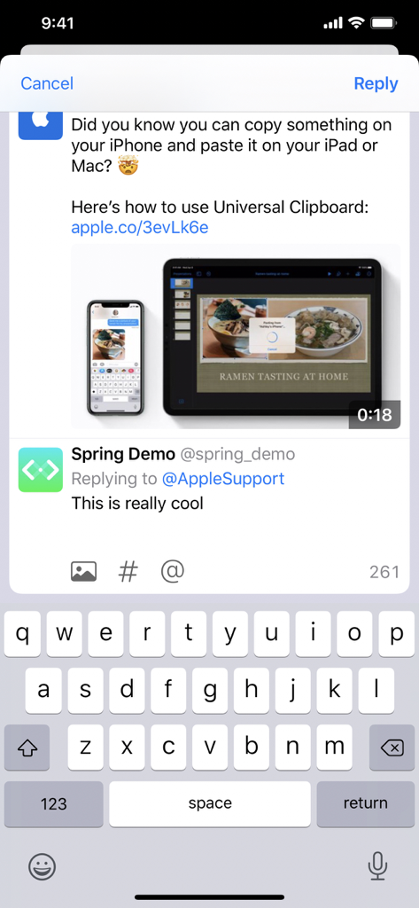 Screenshot of the reply composition screen in the Spring for Twitter app on iPhone