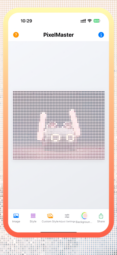 PixelMaster-App-Oberfläche, die eine verpixelte Grafik mit benutzerdefinierten Formen zeigt