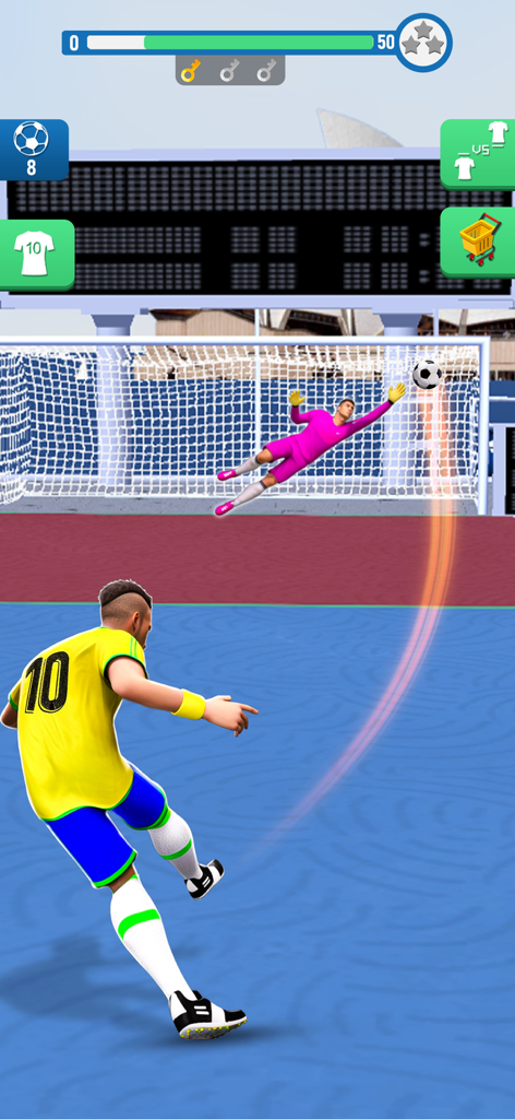 Soccer Kickoff! Football Game - Un futbolista con camiseta amarilla lanzando un tiro libre con efecto mientras el portero se lanza en Saque de Inicio del Fútbol.