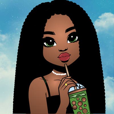 realistic girl holding a boba with braided hair