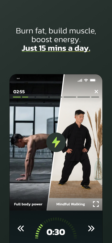 Muscle Charge - Split screen of Muscle Charge app showing military strength and Tai Chi exercises for men over 40