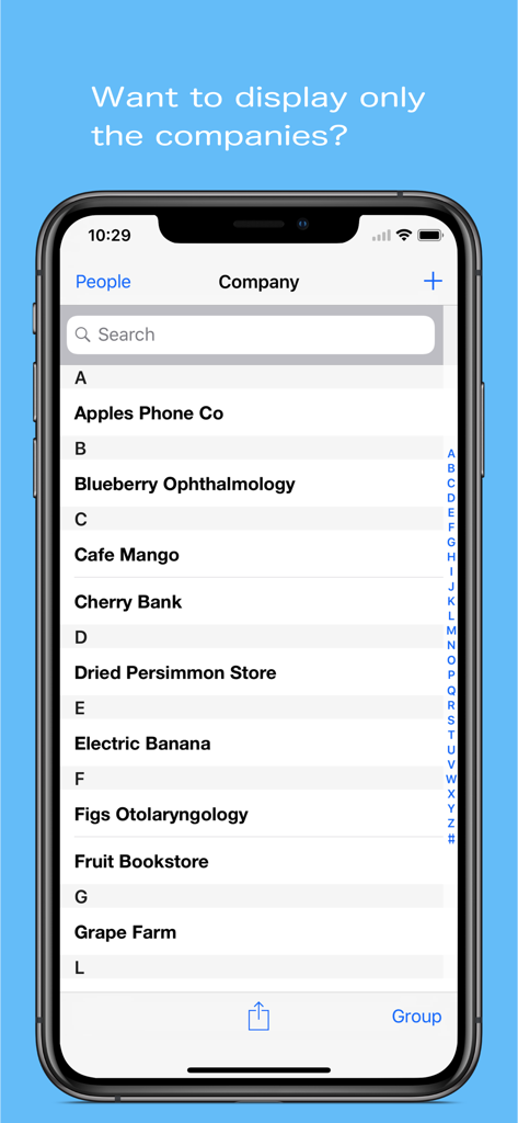 iPhone-Bildschirm, der eine Liste von Kontakten zeigt, die in der TEL++ PRO App alphabetisch nach Firmennamen sortiert sind