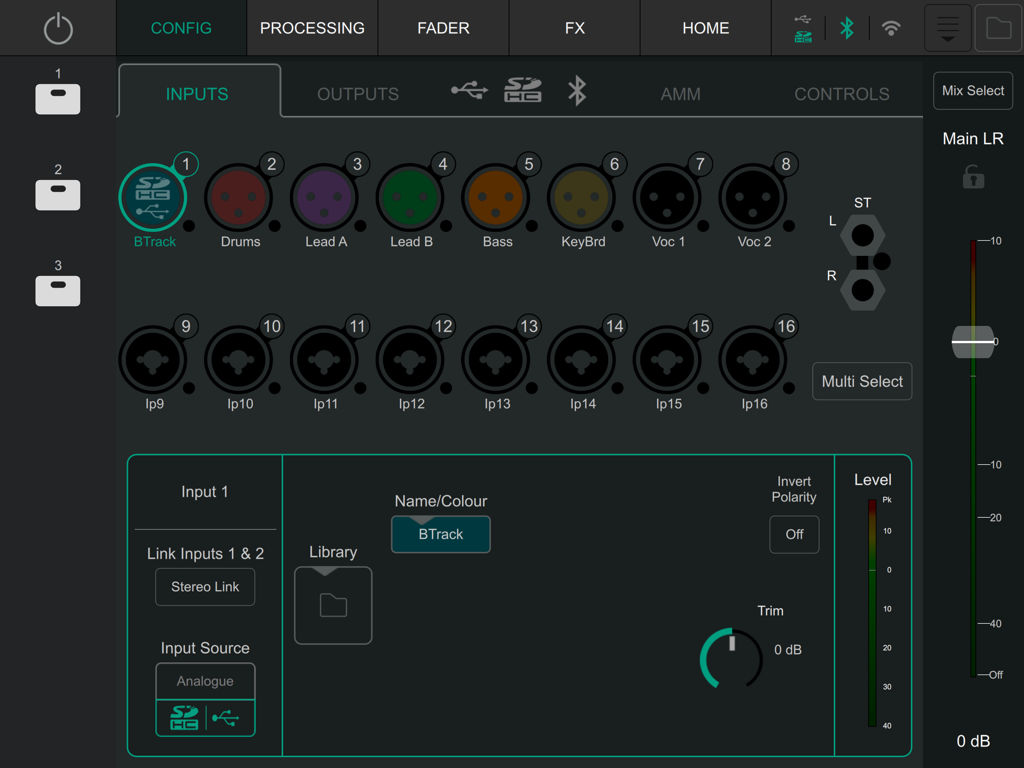 CQ MixPad digital mixer input configuration and channel level settings screen