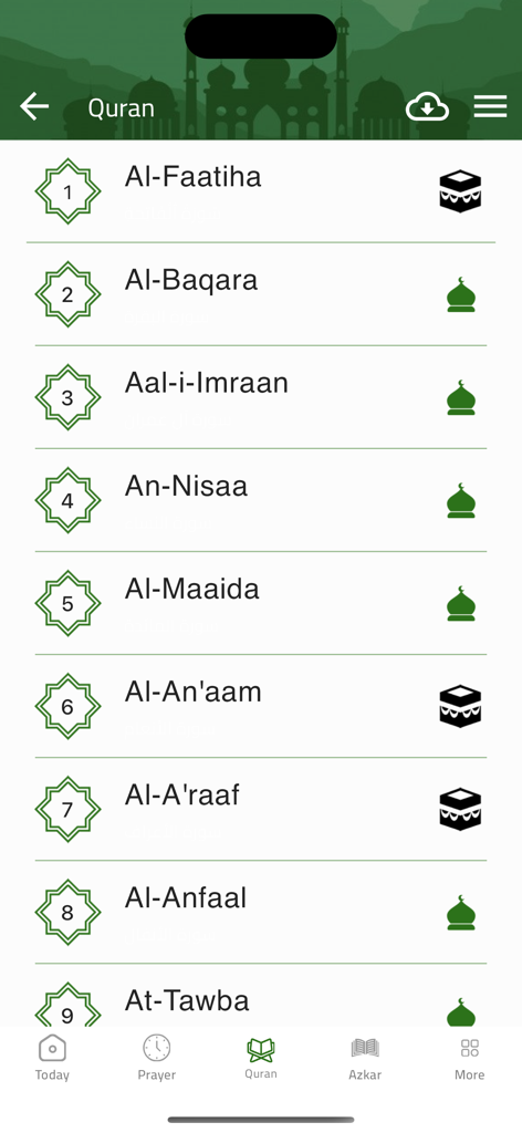 Muslim: Adhan Azkar Quran - A list of Quran chapters with English names and icons in a mobile app interface