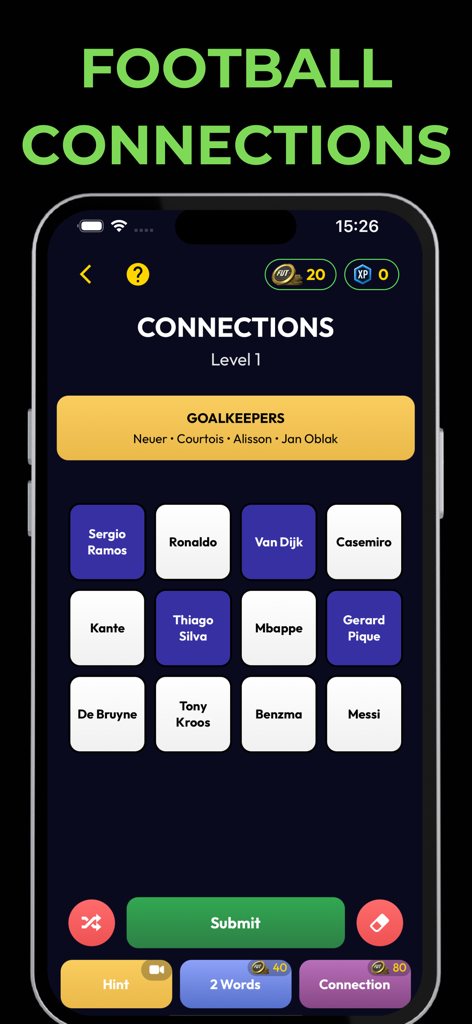 Footy Games - Football Bingo - Screenshot of the Football Connections game mode showing a grid of soccer player names to be grouped by category