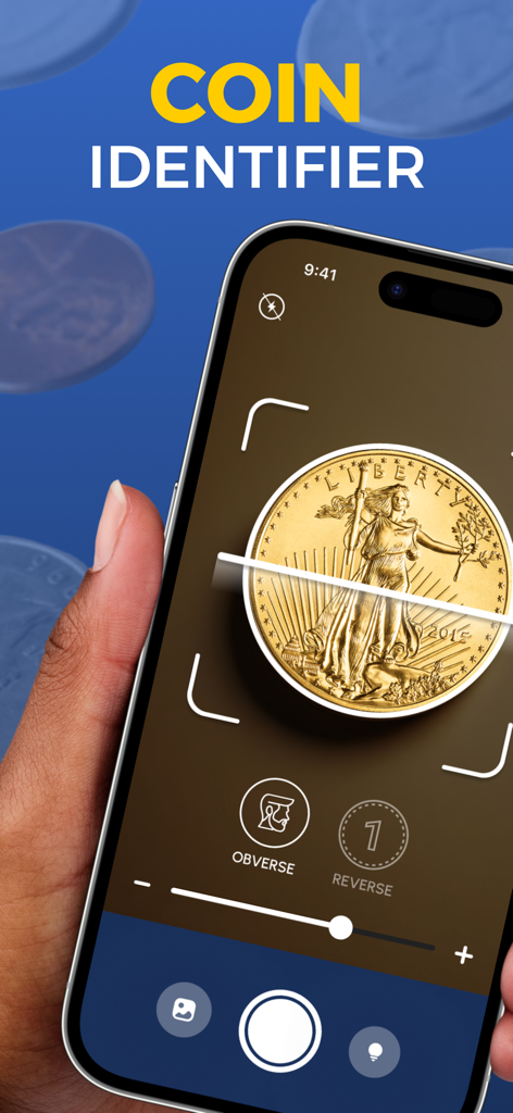 Coin Scanner & Identifier App - Un teléfono móvil usando la aplicación Escáner de Monedas para identificar una moneda de oro