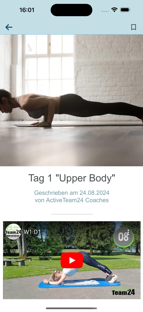 The Guide ActiveTeam24 앱의 운동 인터페이스로, 상체 운동 루틴과 비디오 튜토리얼이 표시됩니다.