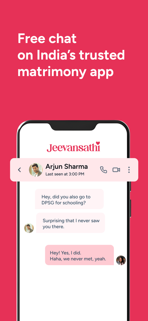 Smartphone screen showing a chat conversation on the Jeevansathi matrimony app