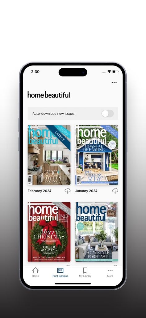 Home Beautiful app showing a library of digital magazine issues for home decor and interior design