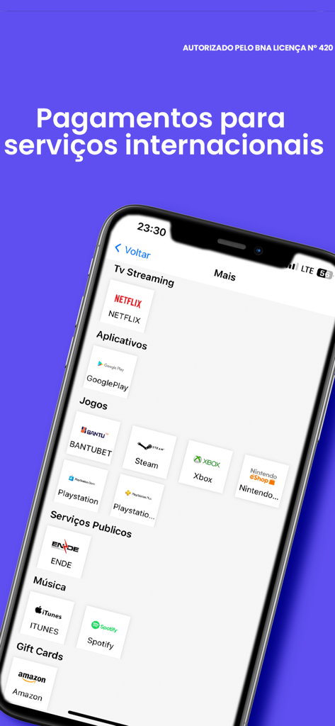PayPay AO - Interfaccia dell'app PayPay AO per pagamenti di servizi internazionali, inclusi abbonamenti Netflix, Spotify e carte regalo per giochi
