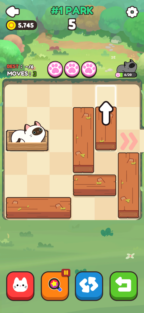 Push Push Cat - Gameplay of Push Push Cat showing a sliding block puzzle level to rescue a Siamese cat in a park setting.