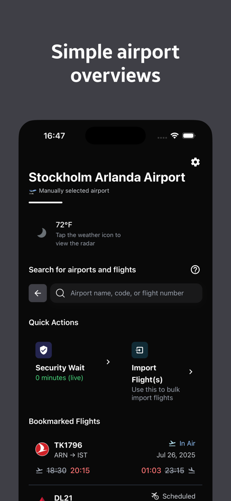 NavPort アプリのダッシュボードにストックホルム・アーランダ空港の情報が表示され、ライブの保安検査待ち時間とブックマークされたフライトが表示されている。