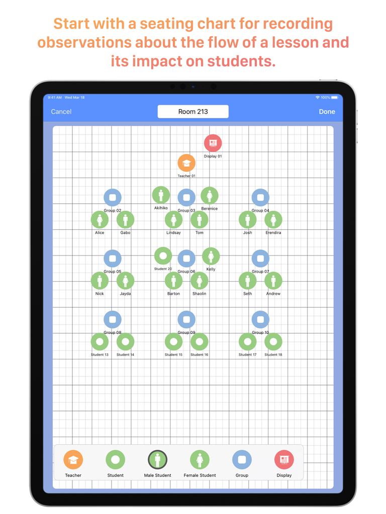 App LessonNote per iPad che visualizza una planimetria digitale per le osservazioni in classe