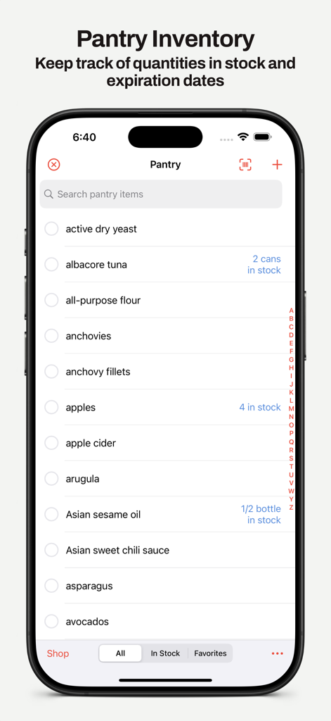 MealBoard - Meal Planner - MealBoard app interface displaying a digital pantry inventory list with item quantities