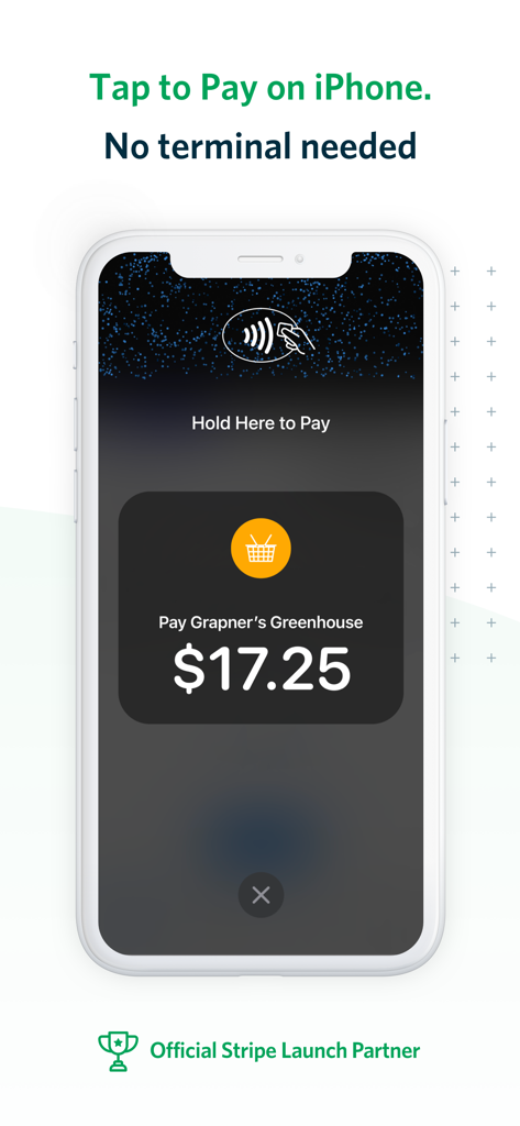 Payment: Stripe Tap to Pay - iPhone interface showing a contactless payment screen for a small business transaction