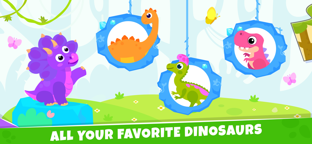 Preschool learning kids games - Four colorful cartoon dinosaurs in decorative frames from the Bini Puzzles educational game.