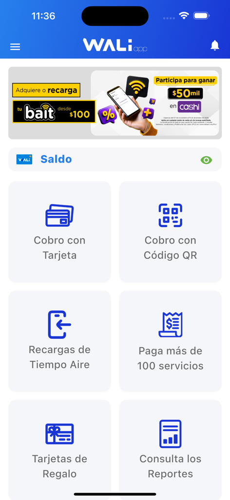 WALIApp - Main menu of WALIApp showing business tools for card payments, QR code transactions, and airtime top-ups.