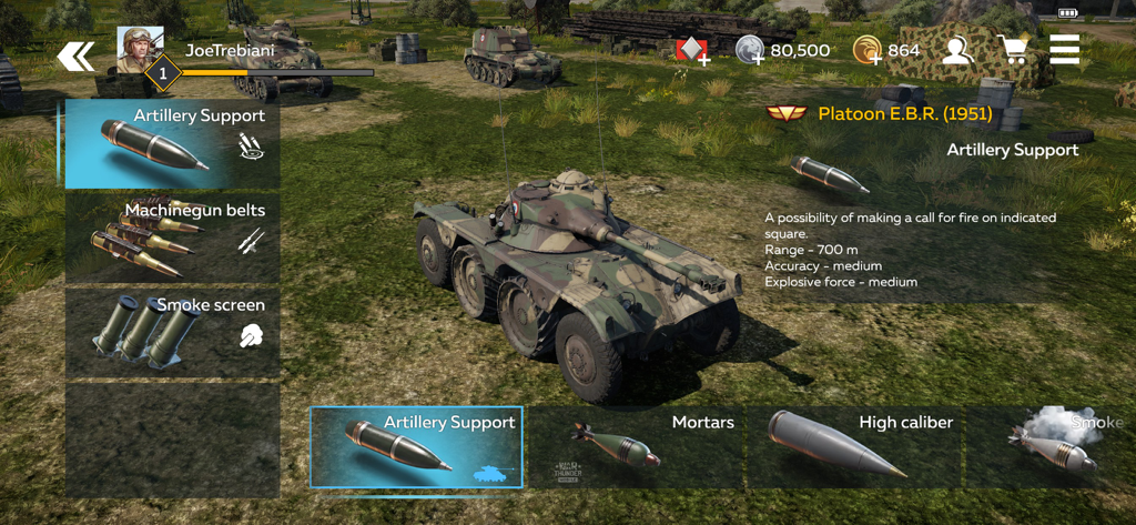In-game menu of War Thunder Mobile featuring a Platoon EBR 1951 armored vehicle and artillery support customization.