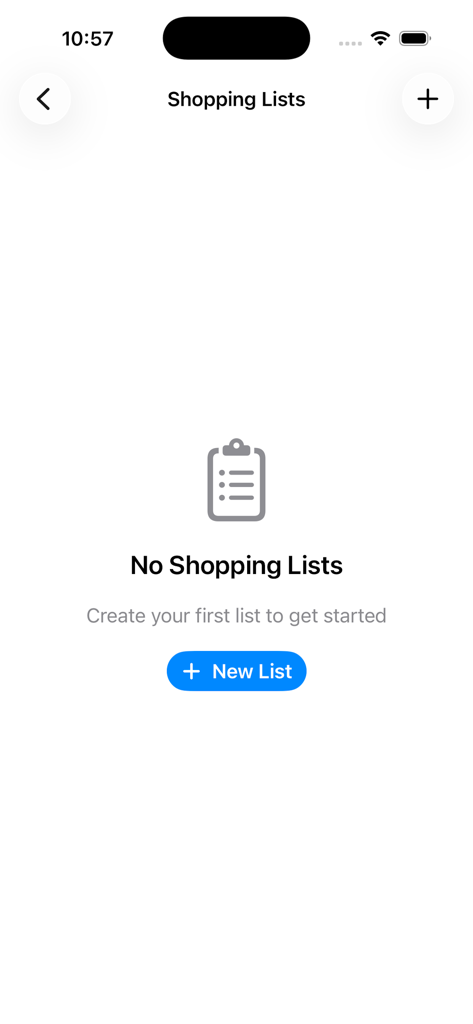 Smart Grocery Tracker - Empty shopping list screen in the Smart Grocery Tracker app with a new list button