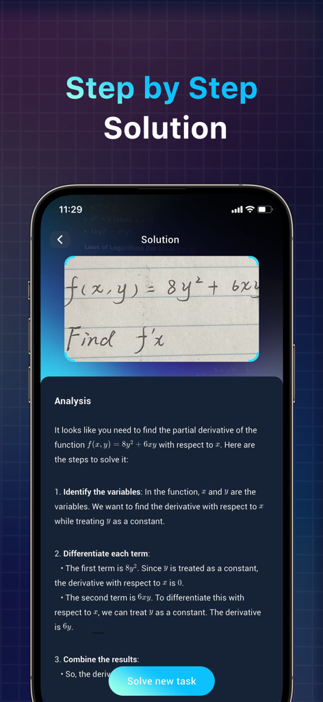 MathHub AI: Intelligent Tutor - Una pantalla móvil que muestra la aplicación MathHub AI proporcionando un análisis paso a paso de un problema de derivada parcial escrito a mano.