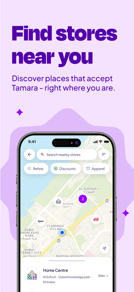 Tamara app map interface displaying nearby retail stores that accept interest-free installment payments.