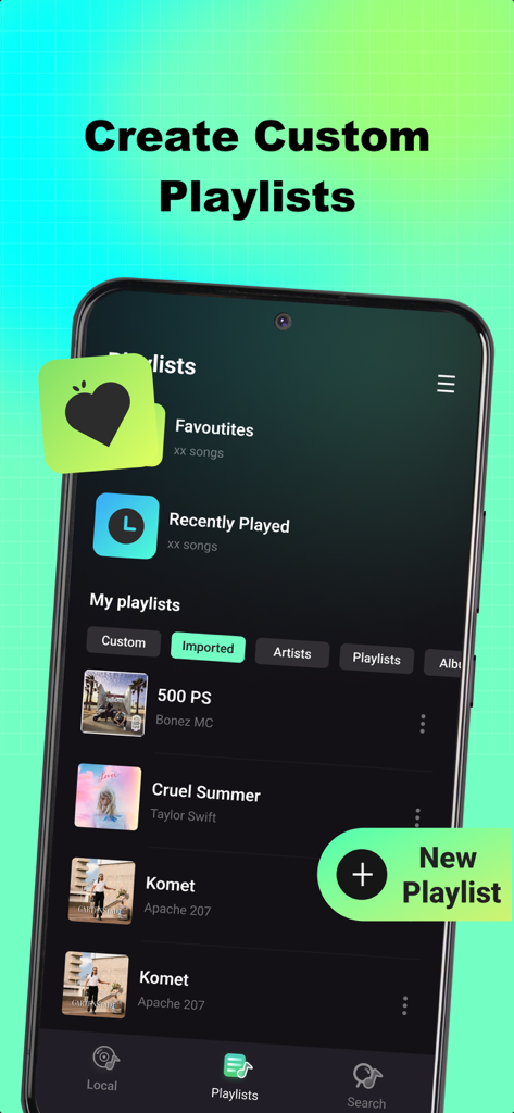 Interfaccia dell'app Tunecho Music che mostra la schermata delle playlist con opzioni per creare playlist personalizzate e sfogliare la musica importata.