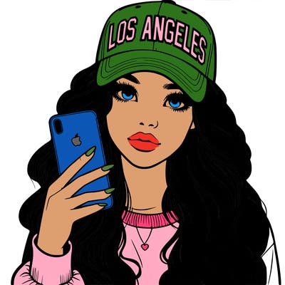 realistic beautiful girl wearing los ángeles cap holding an iphone