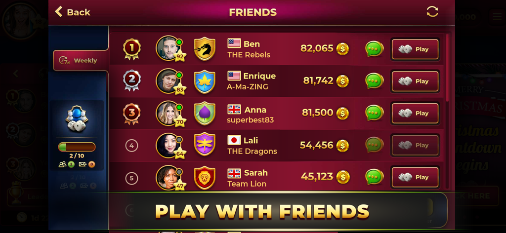 Backgammon King Online Games - Backgammon King app interface showing the friends leaderboard with player rankings and social chat features