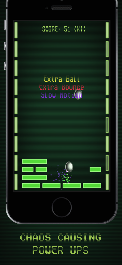iPhone上で、カオスを引き起こすパワーアップを示すBall Breakerのレトロなゲームプレイ画面。