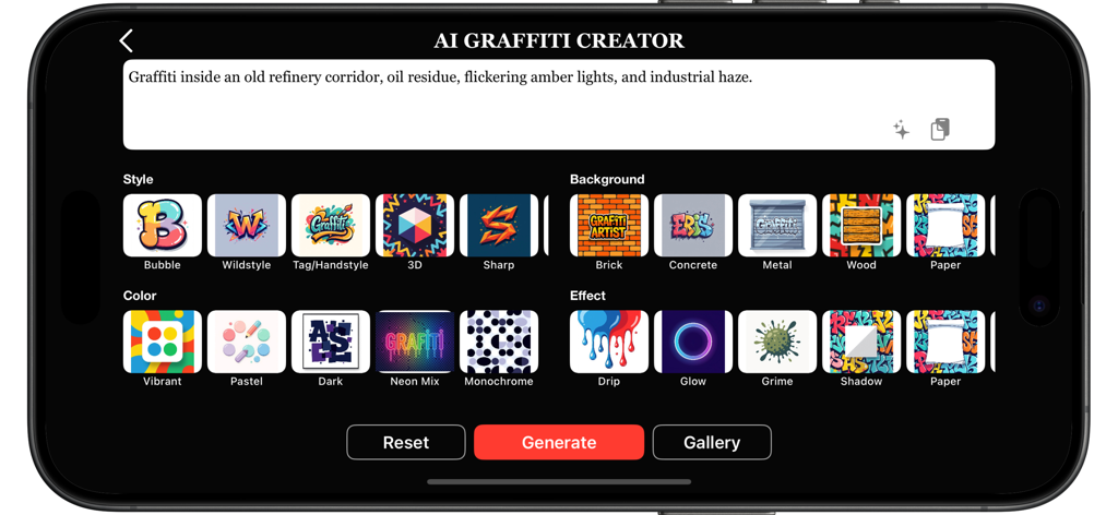 Interface of the Graffiti Creator app showing an AI prompt box and customization options for style background color and effects.