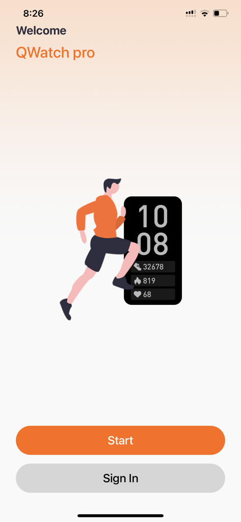 QWatch Pro - Welcome screen of QWatch Pro showing a runner and activity tracker metrics