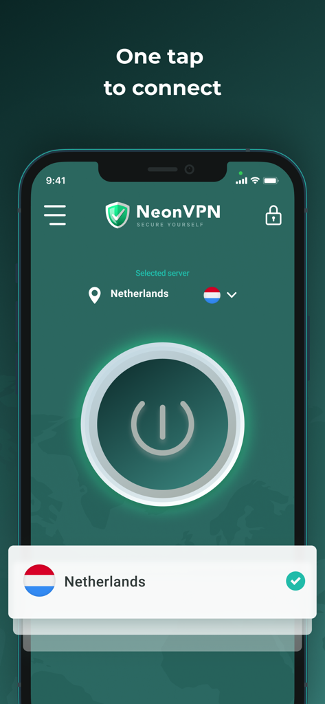 Neon VPN mobile app interface showing a one-tap connection button and selected server in the Netherlands