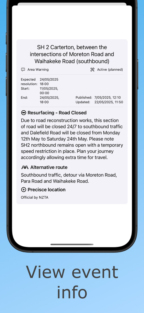New Zealand Road Conditions - Información detallada sobre el cierre de la carretera SH 2 Carterton en la aplicación New Zealand Road Conditions