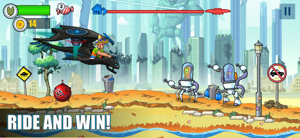 Mad Day - Truck Distance Game - A character in a flying black car battles alien robots in a destroyed city in the mobile game Mad Day.
