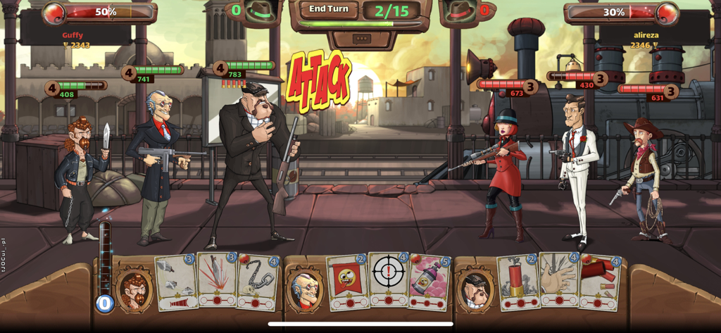 Mafioso: mafia duel TBS RPG - A turn-based strategy battle in Mafioso showing two teams of mobsters facing each other in a tactical duel.
