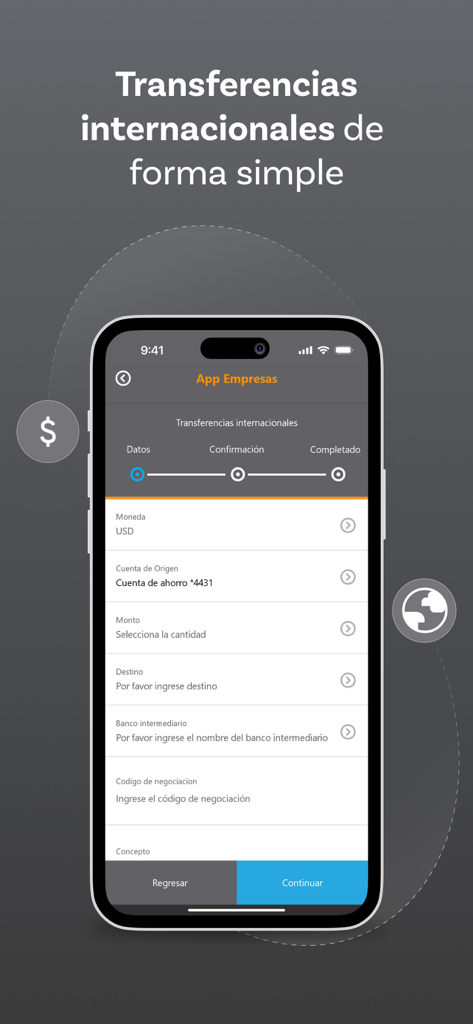 Banreservas Empresas - Banreservas Empresas app interface for making international business transfers.